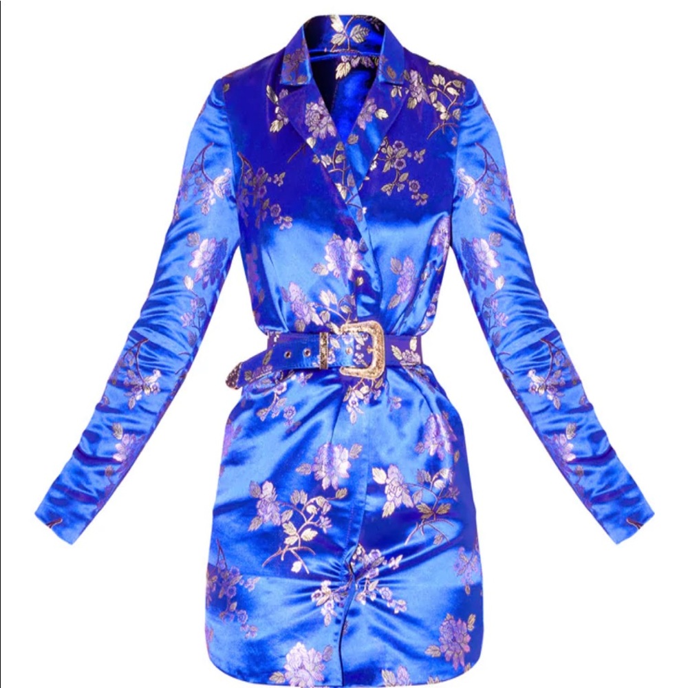 Cobalt Floral Jacquard Long Sleeve Belt Detail